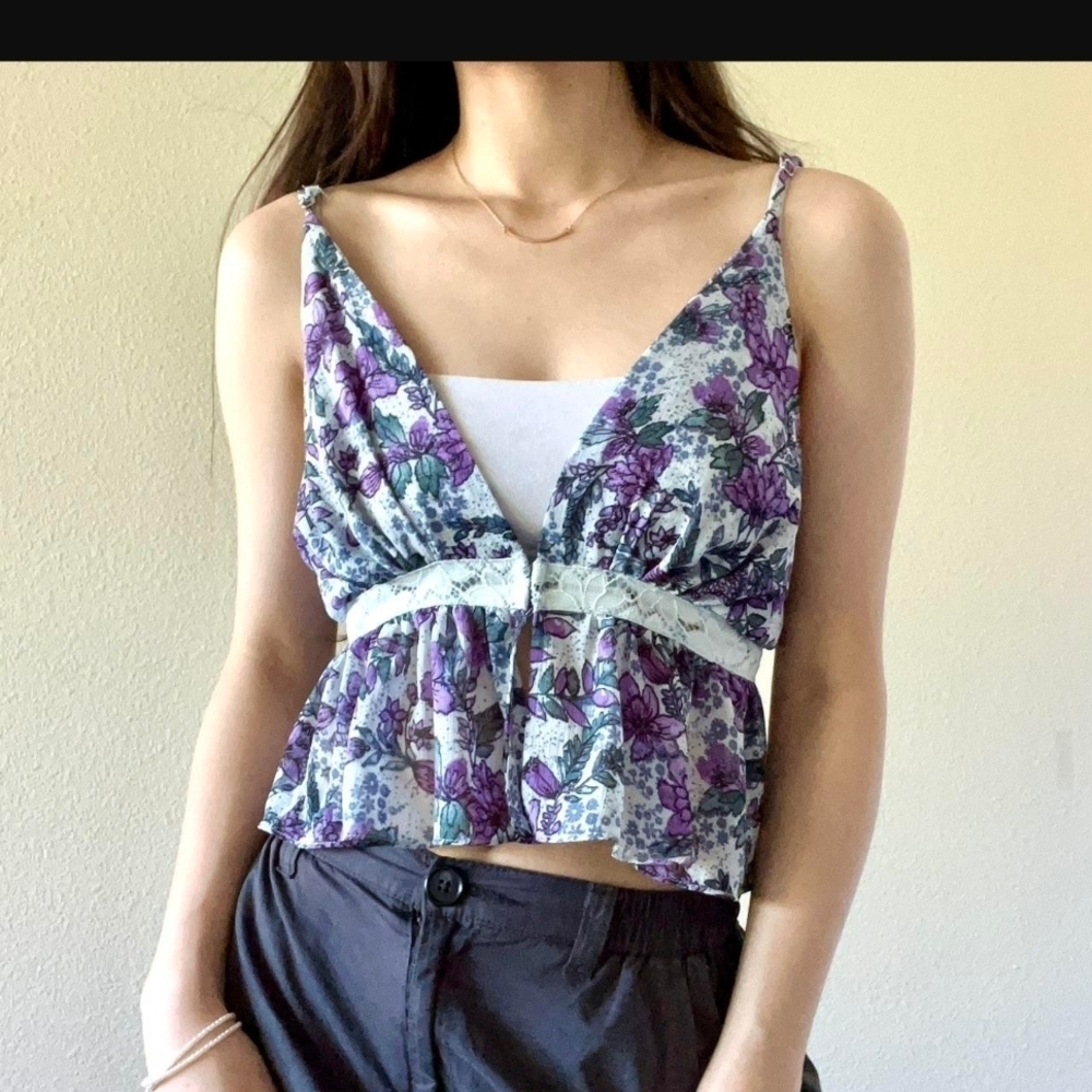 Free People Women's Purple and Blue Floral Croptop Babydoll Camisole Sz L NWOT